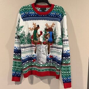 Blue and White Holiday Sweater with Reindeer Design Size Large NWOT